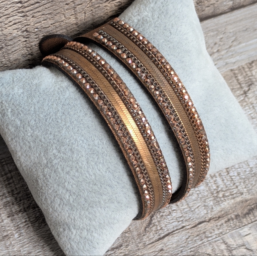 B00 Copper Bronze Brown Rhinestone Double Wrap Bracelet New